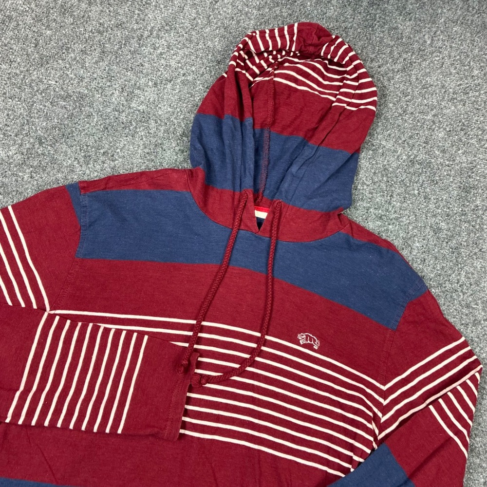 American Rag Mens Size Medium Striped Hooded T-Shirt Burgundy Navy Long Sleeve